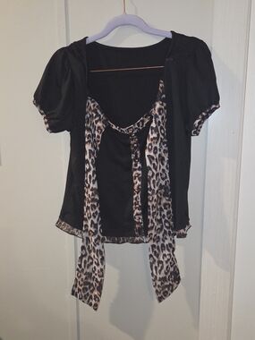 & Other Stories Black Top with Leopard-Print Trim
